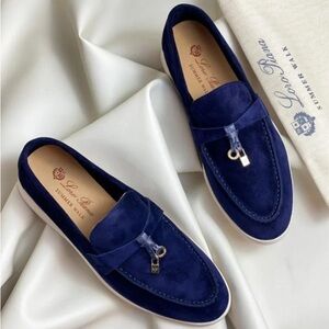Loro Piana Navy Blue Suede Loafers
